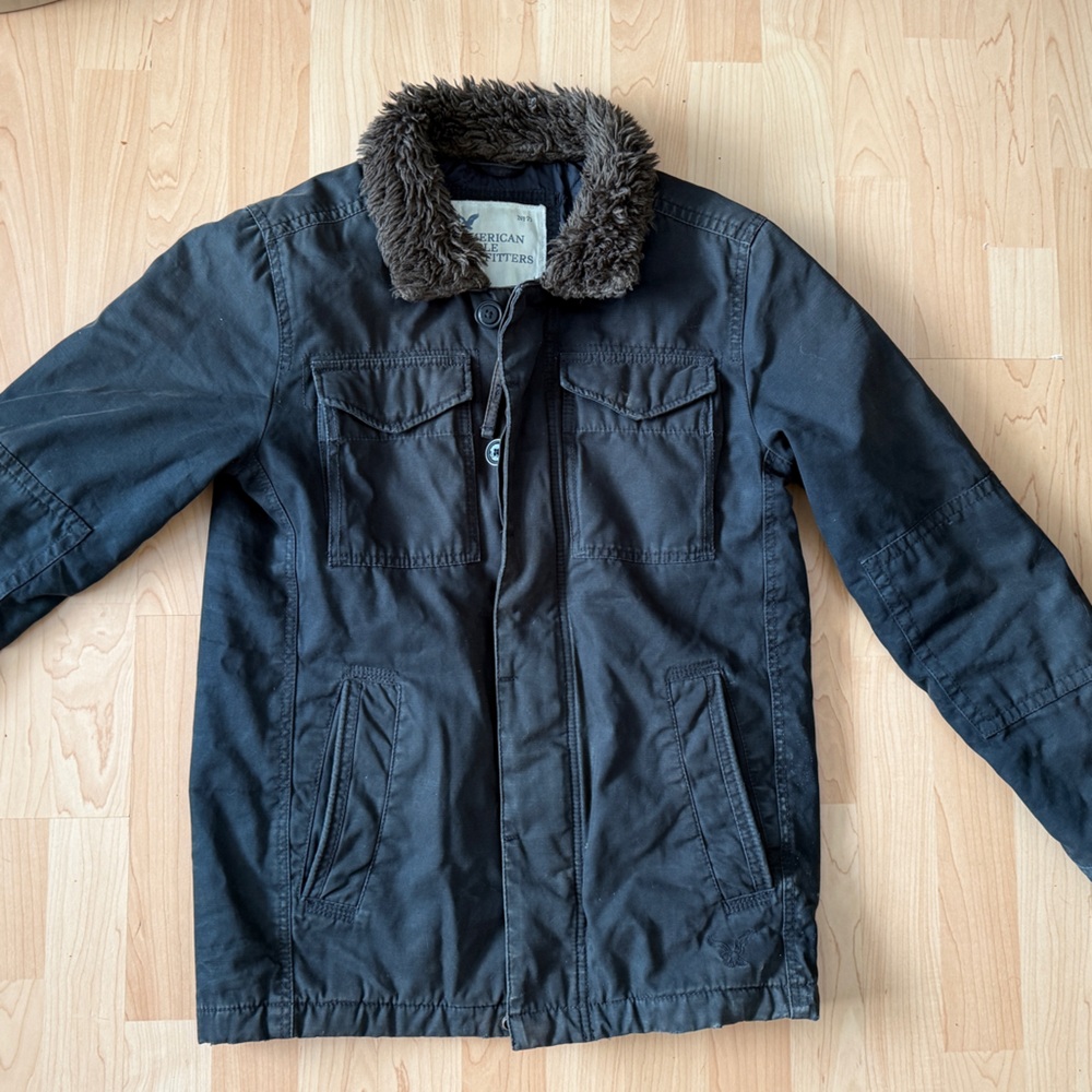 American Eagle Outfitters Dark Gray Jacket with Faux Fur Collar
